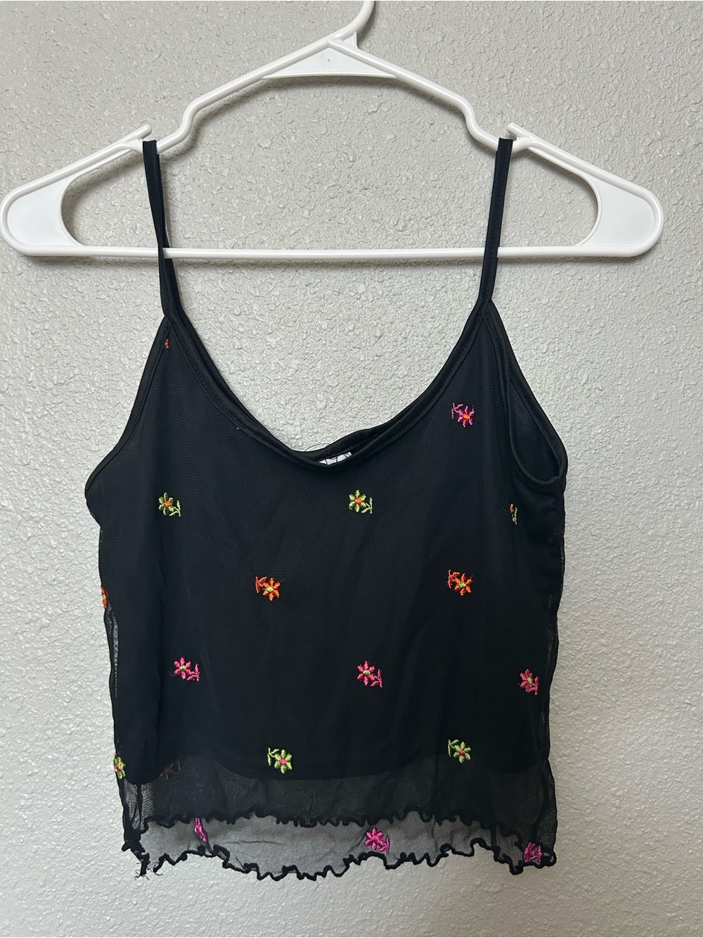 Vintage Deadstock Black Mesh Cami Tank with Colorful Floral Embroidery